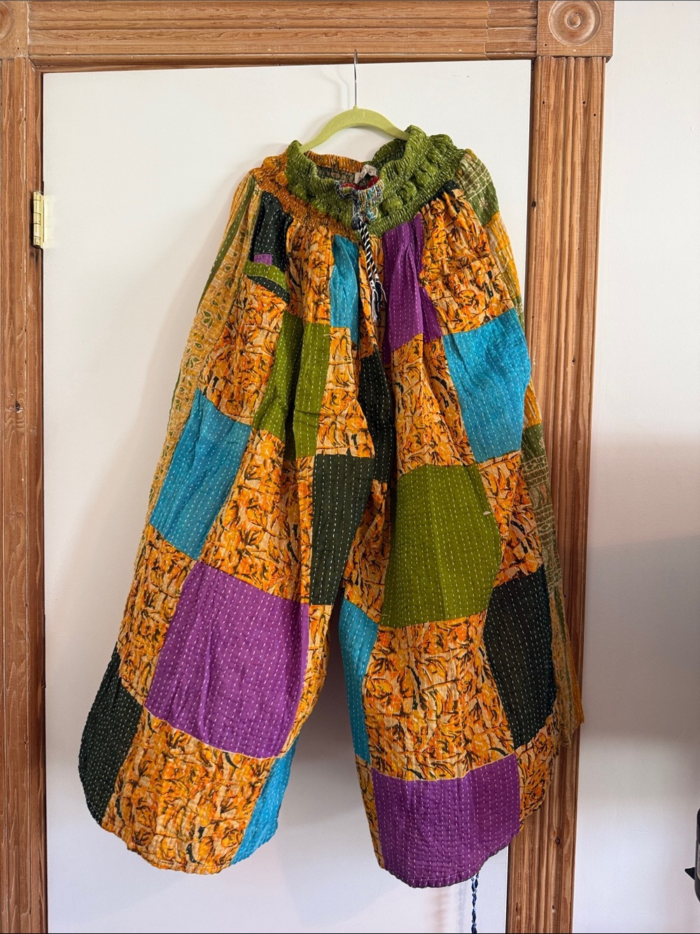 Patchwork Wide-Leg Boho Pants in Mustard, Green, Turquoise & Purple